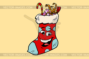 Christmas gift sock cute smiley face character - vector image