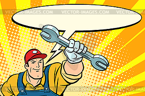 Male repairman with wrench says comic book bubble - vector clip art