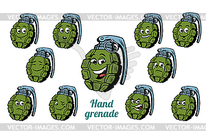 Hand greenade emotions emoticons set - vector clipart