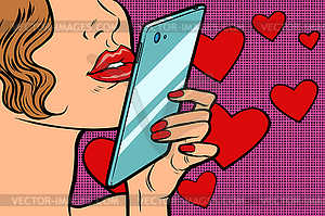 Beautiful woman in love and smartphone - vector image