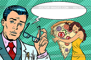 Doctor diet and woman with pizza - vector clipart