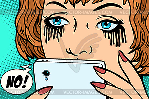 Woman was crying, mascara running. Phone message bad - vector image