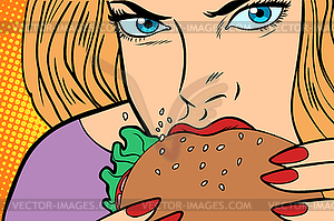 Hungry woman eats Burger - color vector clipart