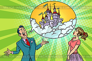 Confident businessman offers woman fabulous castle - vector clipart