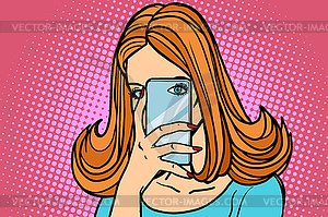 Woman smartphone photo, eye camera - vector clipart