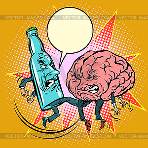 Alcohol versus intelligence, bottle of beat brain - vector clip art