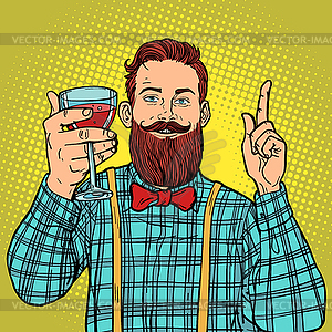 Hipster with glass of red wine - vector clipart