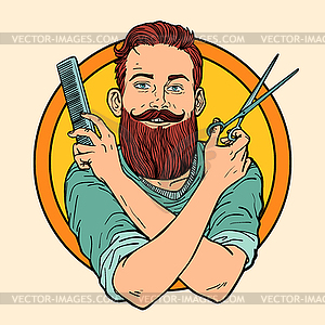 Hipster Barber, scissors comb, barbershop - vector image