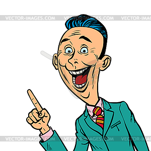 Enthusiastic joyful businessman points finger - vector image
