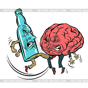 Alcoholism destroys brain, drunk. fight bottle of - stock vector clipart