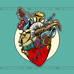 Music education, heart love instruments - vector clip art