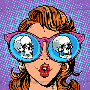 Woman with sunglasses. human skull in reflection - vector image