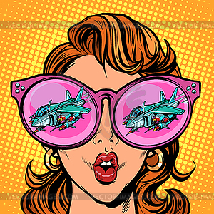 Woman with sunglasses. Military aircraft in - vector clipart