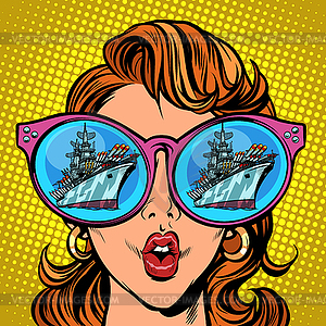 Woman with sunglasses. Warship battleship cruiser i - vector image