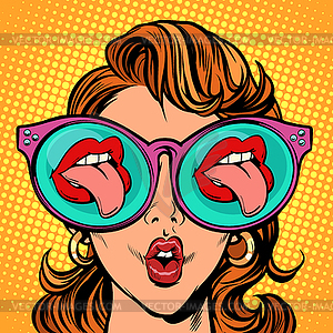 Woman with sunglasses. sexy mouth and tongue stick - vector EPS clipart