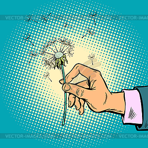 Dandelion in man hand - vector clip art