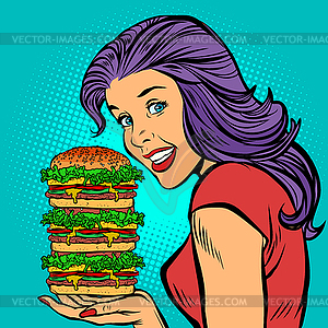 Giant Burger. Hungry woman eating fast food - vector clipart / vector image