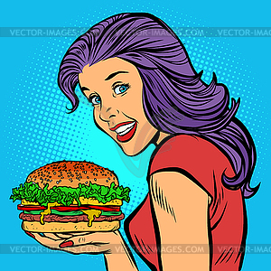 Burger cheese grilled meat salad. Hungry woman - vector image