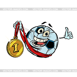 Winner first place. Character soccer ball - color vector clipart