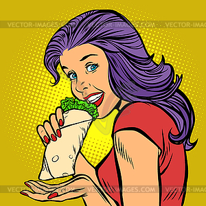 Shawarma kebab Doner. Hungry woman eating fast food - vector clip art