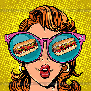 Hot dog sausage ketchup mustard. Woman reflection i - vector image