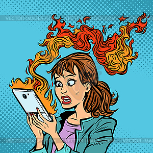 Женщина с горящим телефоном. Горячие новости. Зажигание - клипарт в векторе / векторное изображение