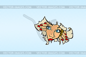 Woman looking through torn paper background - vector clipart