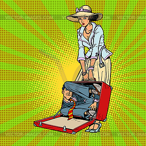 Husband in suitcase. Woman traveler - vector image