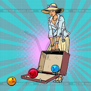 Bowling ball. Woman with suitcase - vector clipart