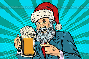 Old man in Christmas cap with mug of foam beer - vector image