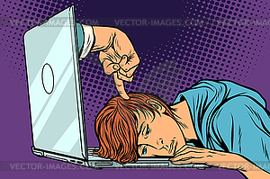 Deadline concept. Tired man at laptop - vector clipart