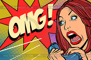 OMG Woman screams in phone - stock vector clipart