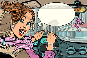 Joyful woman behind wheel of car - vector clip art