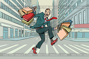 Man with shopping crossing road - royalty-free vector clipart