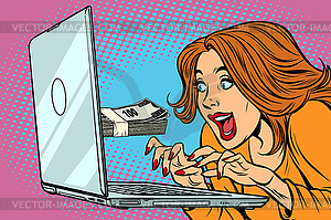E-earnings concept. Woman at computer. Freelance - vector image