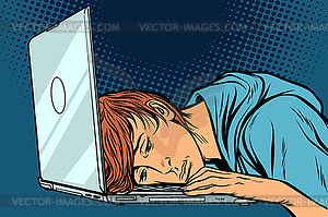 Tired man at computer - color vector clipart