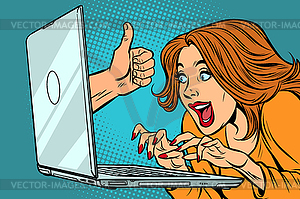 Like thumb up, woman blogger working on computer - vector image