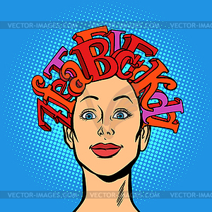 Woman and alphabet letters, hair on head, - vector clipart