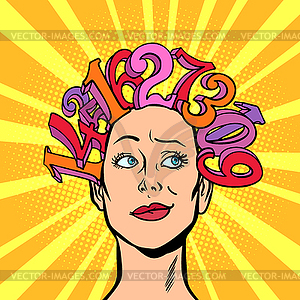 Numbers, hair on head, woman and mathematics - vector image