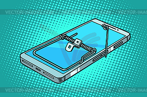 Smartphone phone mousetrap. trap and dangers - vector image