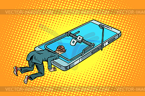 Man trapped in mousetrap smartphone - vector image