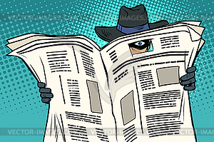 Spy watches through newspaper - vector clip art