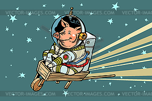 Свиной космонавт едет на деревянной тачке - векторный клипарт