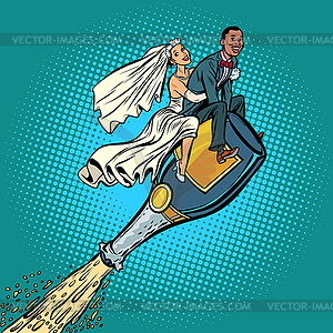 Bride and groom wedding. Inter-ethnic couple. Flyin - vector image