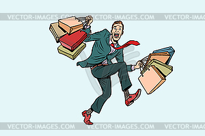 Funny man with shopping on sale - vector image