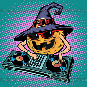 Halloween pumpkin DJ character. Musical holiday - vector clipart