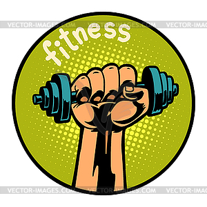 Fitness man hand with dumbbell. icon symbol circle - vector image