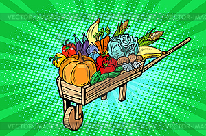 Autumn harvest in wooden farm wheelbarrow - vector image