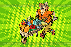 Autumn harvest. farmer, man with wooden wheelbarrow - vector clipart