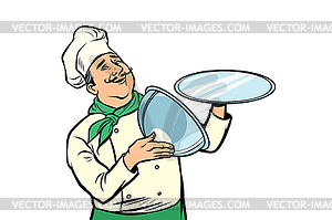 Chef with tray with open lid. isolate - vector image